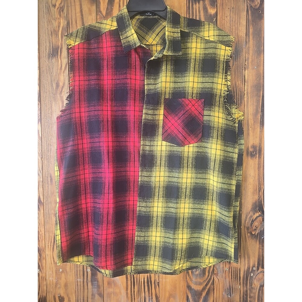 Sleeveless Two-Tone Plaid Shirt Red Yellow Black Cotton, Men's Large
